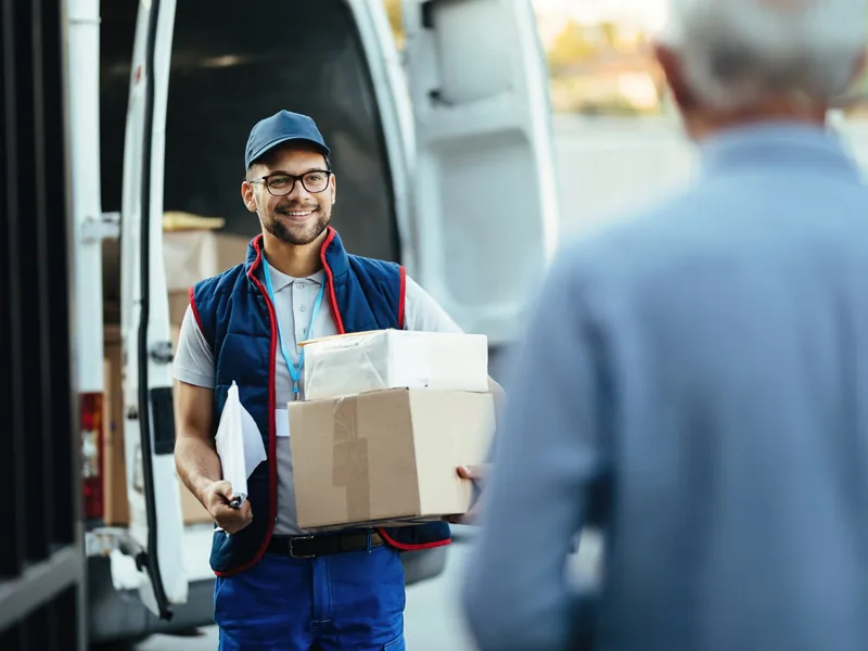 Delivery courier carrying a parcel on a city street